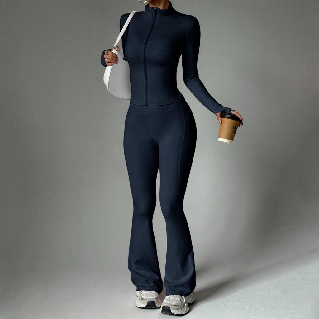 Women's 2 Piece Yoga Set with Zip-Up Long Sleeve Jacket and Flared Pants for Fitness and Training