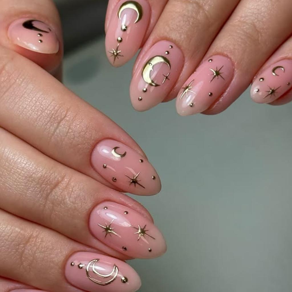 24PCS Simple Nude Almond Press On Nail Set with Glue Golden Star Sweet False Nails for Women Acrylic Wearable Fake Nail Manicure