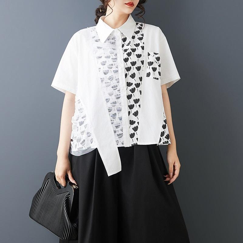 

Хлопковые рубашки и блузки оверсайз с короткими рукавами для блузок, повседневные свободные летние топы, женская рубашка на пуговицах белый