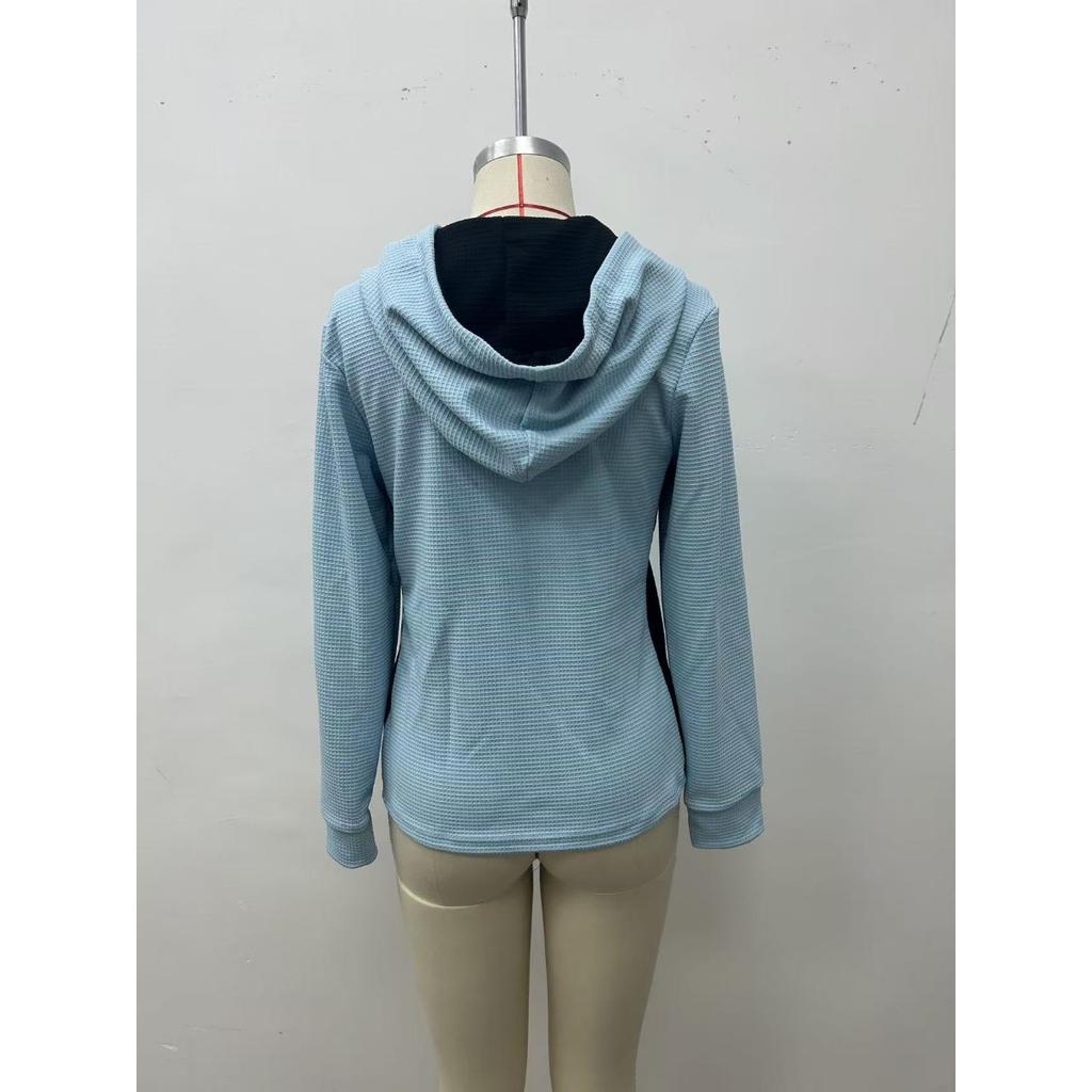 Women's Fashion Casual Waffle Knit Patchwork Hoodie, Anu Self-developed European American Style Sweatshirt for Women