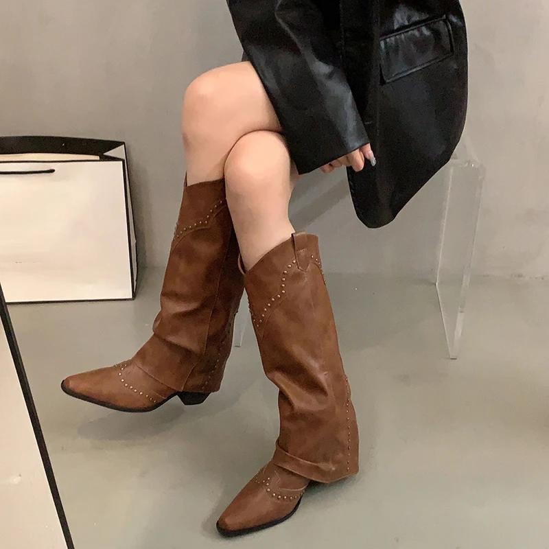 Autumn Winter Women Knee-High Boots Fashion Rivet Western Knight Booties Pointed Toe Square Heels Female Shoes
