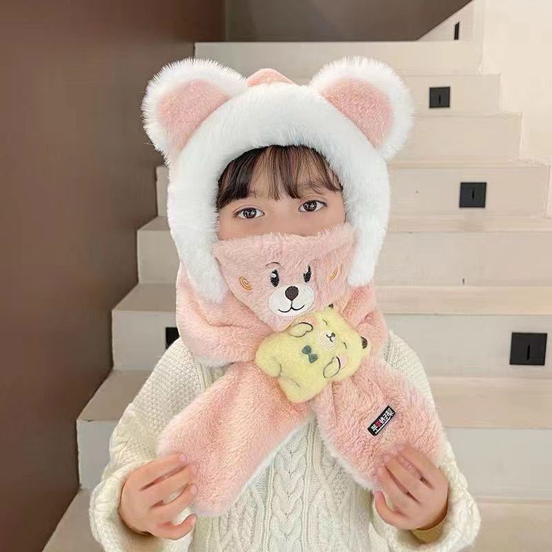 Riding a Battery Car, Piled and Thickened Bear Hat, Warm Scarf, Ear Protection, Two-in-one Two-piece Set, Cycling Cold-proof Plush Hat.