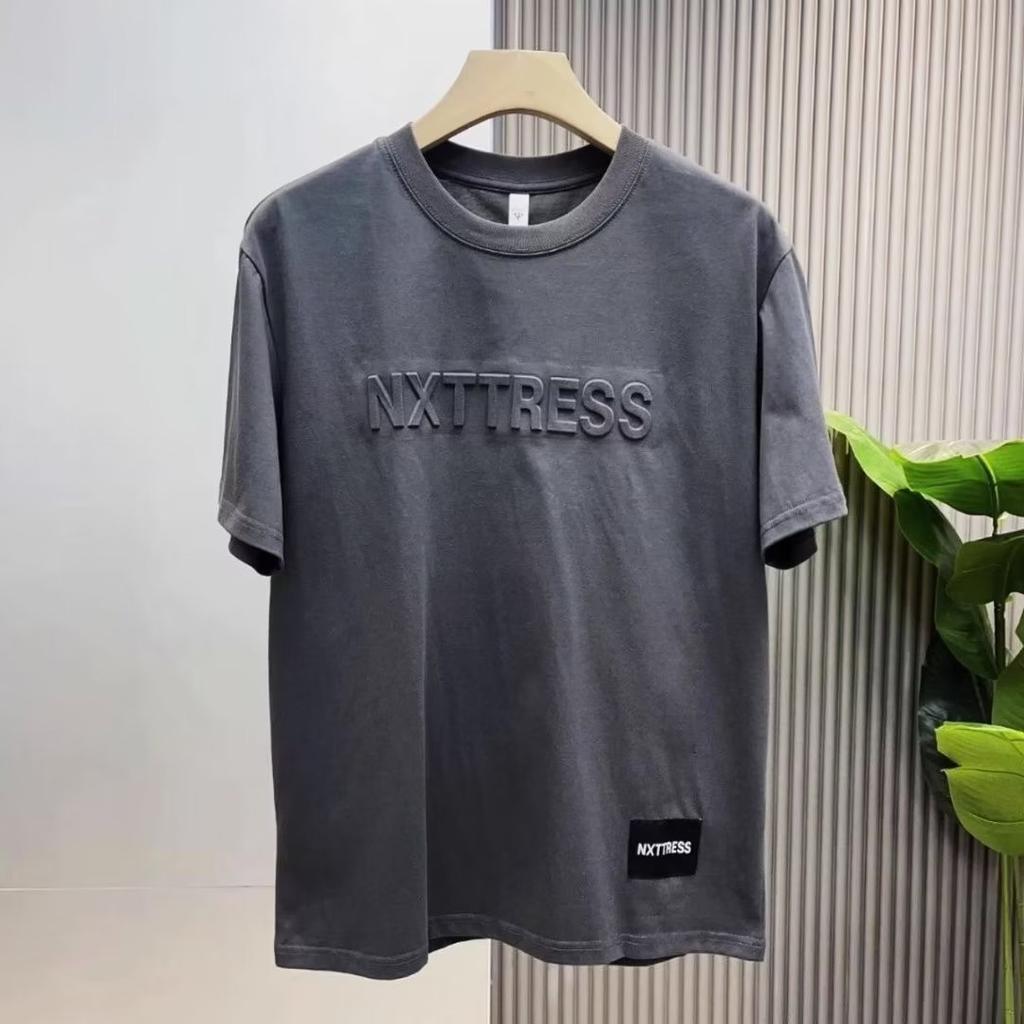 European 3D Pure Cotton Three-Dimensional Letter Short-Sleeved Textured T-Shirt Men'S Top Handsome Loose Bottoming Shirt Steel Stamp Trend Half