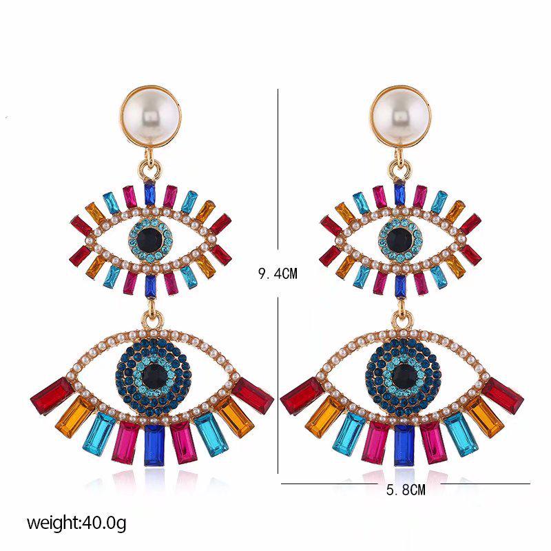 Exaggerated European & American Fashion Devil's Eye Fan-Shaped Rhinestone Tassel Earrings