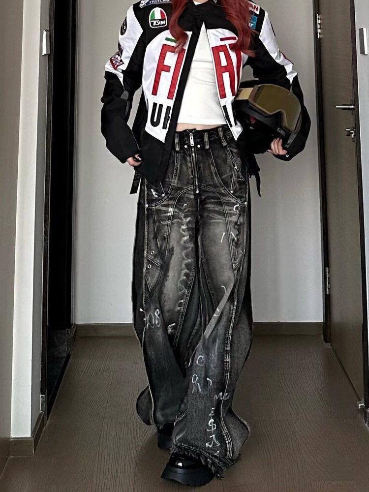 Unisex Retro Graffiti Wide-Leg Jeans: American High-Street Style