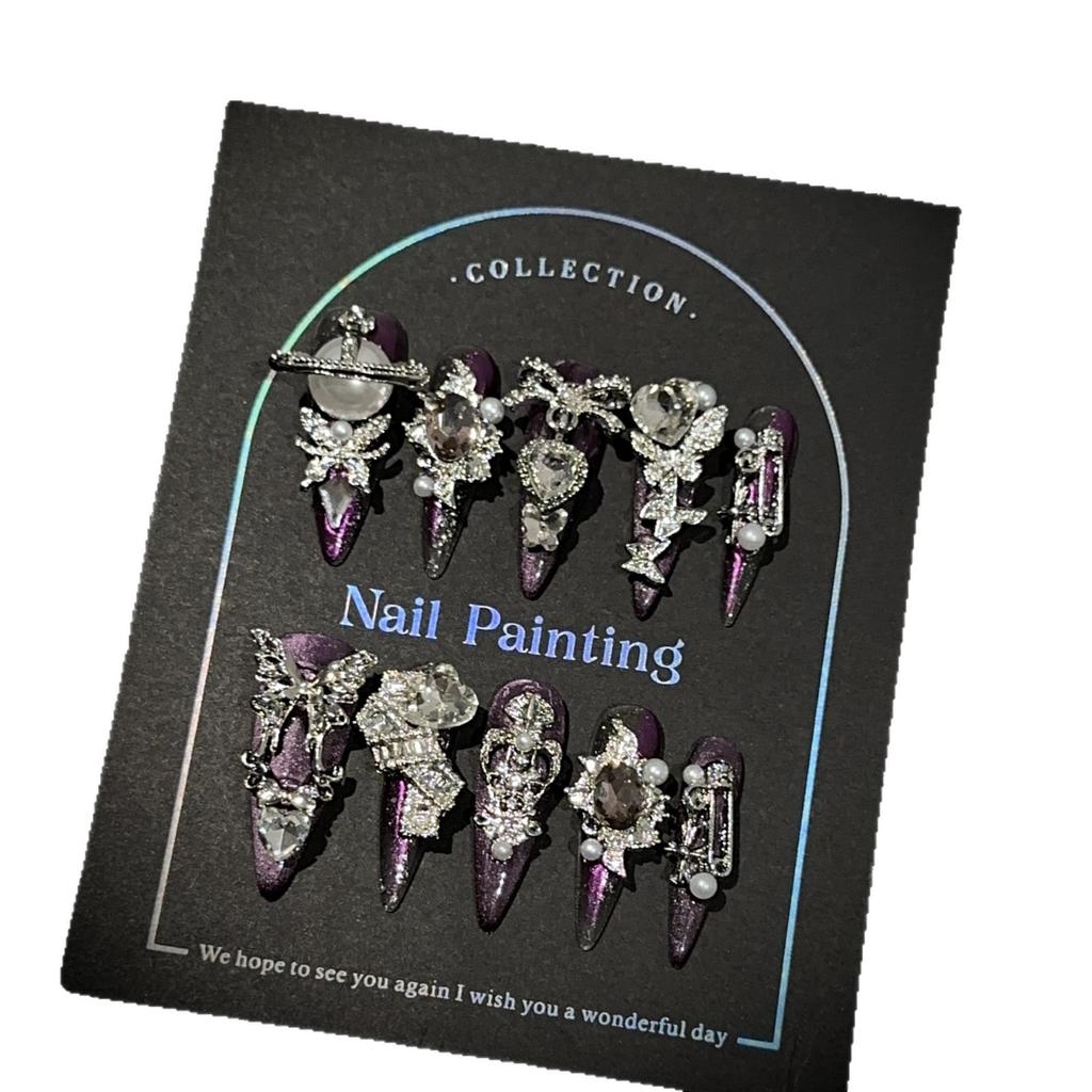 Handmade Luxury Press On Nails Long Almond French Tip Sparkly Fake Nails 3D Rhinestones Designs Acrylic Nails Reusable Stick On Nail for Women