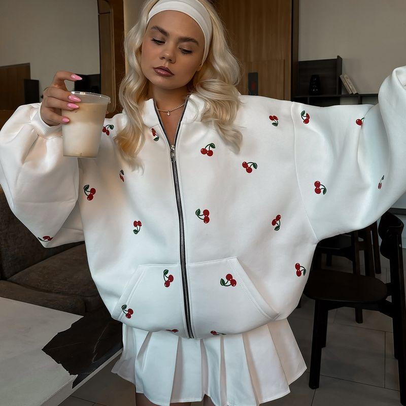 

Толстовка с капюшоном и принтом вишни на молнии Верхняя одежда Осень Новая Уличная мода Трендовая Универсальная Свободная Женская Куртка Image color L