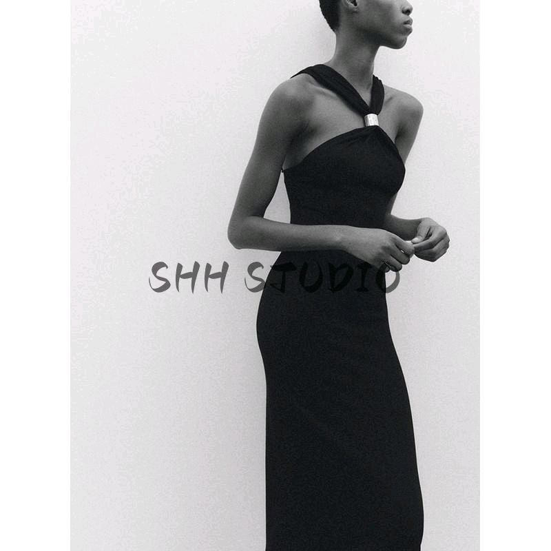 Spring New Women's Clothing Fashion Style Golden Inlaid Knitting Elegant Hanging Collar Dress 4938118