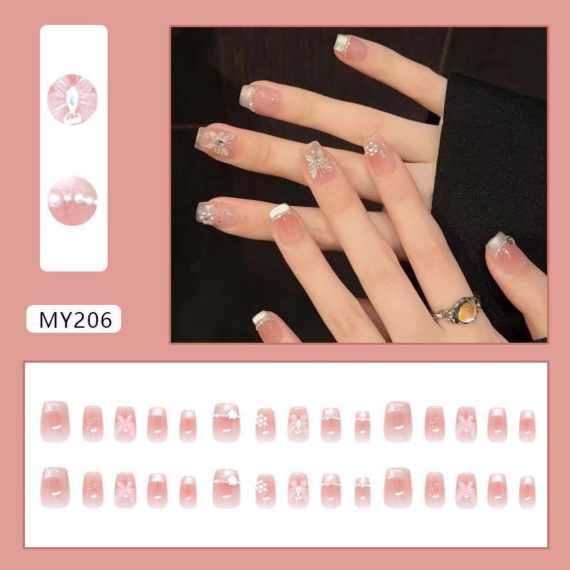 Three-dimensional atmosphere manicure, icy butterfly bursting cat's eye, French pearl chain star manicure, 30 pieces