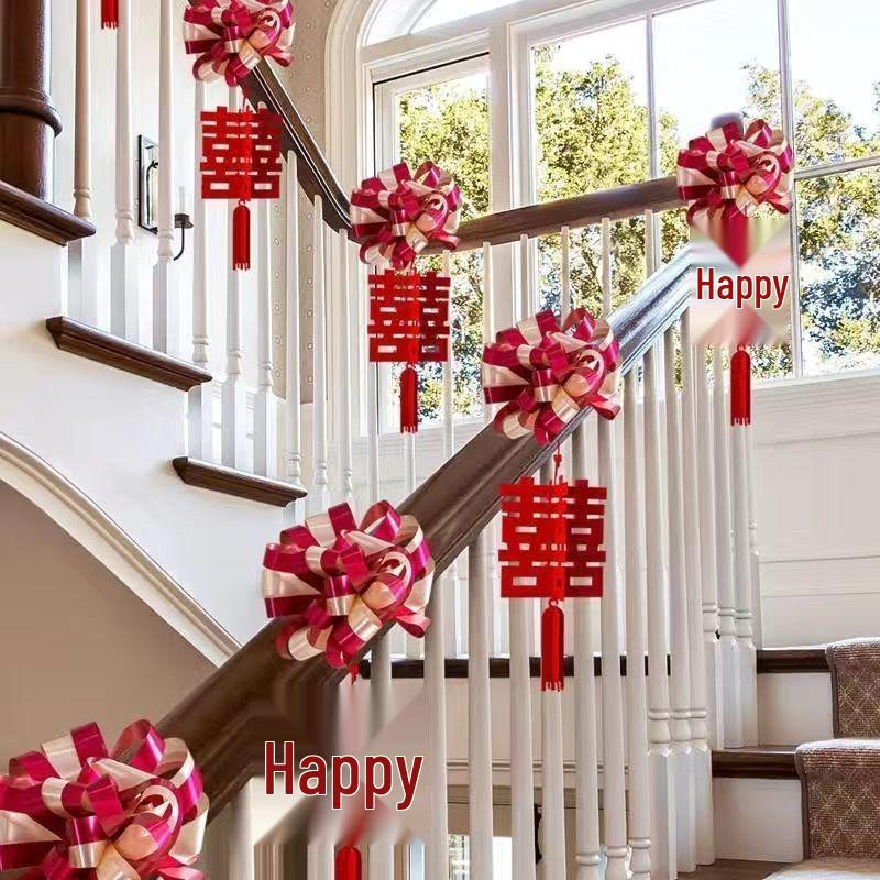 Double Happiness Ribbon & Flower Stair Railing Decoration for Wedding Room