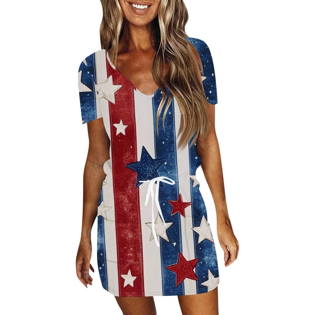 Damskie Casualowe Sukienki z Dekoltem V, Krótkim Rękawem, Sznurkiem i Nadrukiem na Dzień Niepodległości