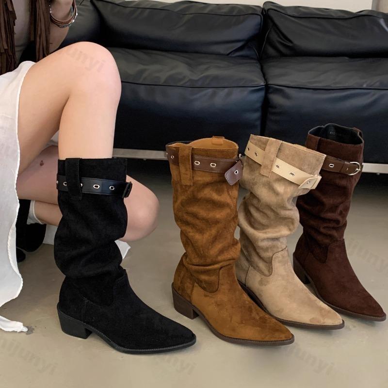 Women Fashion Boots Pointed Toe Square Heel Belt Buckle Long Boots Retro Autumn Fashion Suede Leather Botas Mujer High Quality