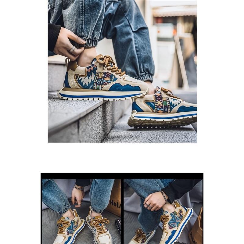 Men's Ethnic Pattern Retro Chunky Sneakers Casual Lace Up Outdoor Walking Shoes