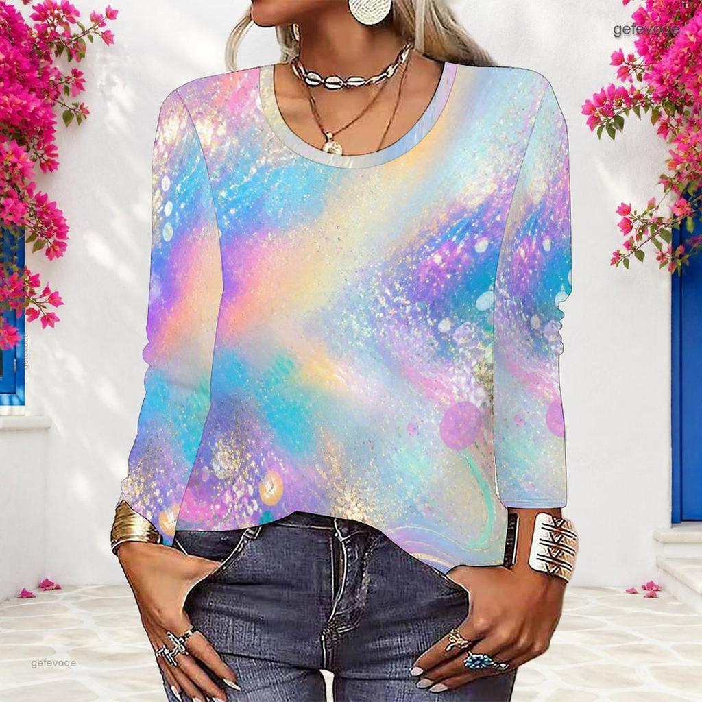 Women Plus Size Long Sleeve Blouse Abstract Peacock Feather Dot Print Round Neck Casual Loose Pullover For Daily Wear