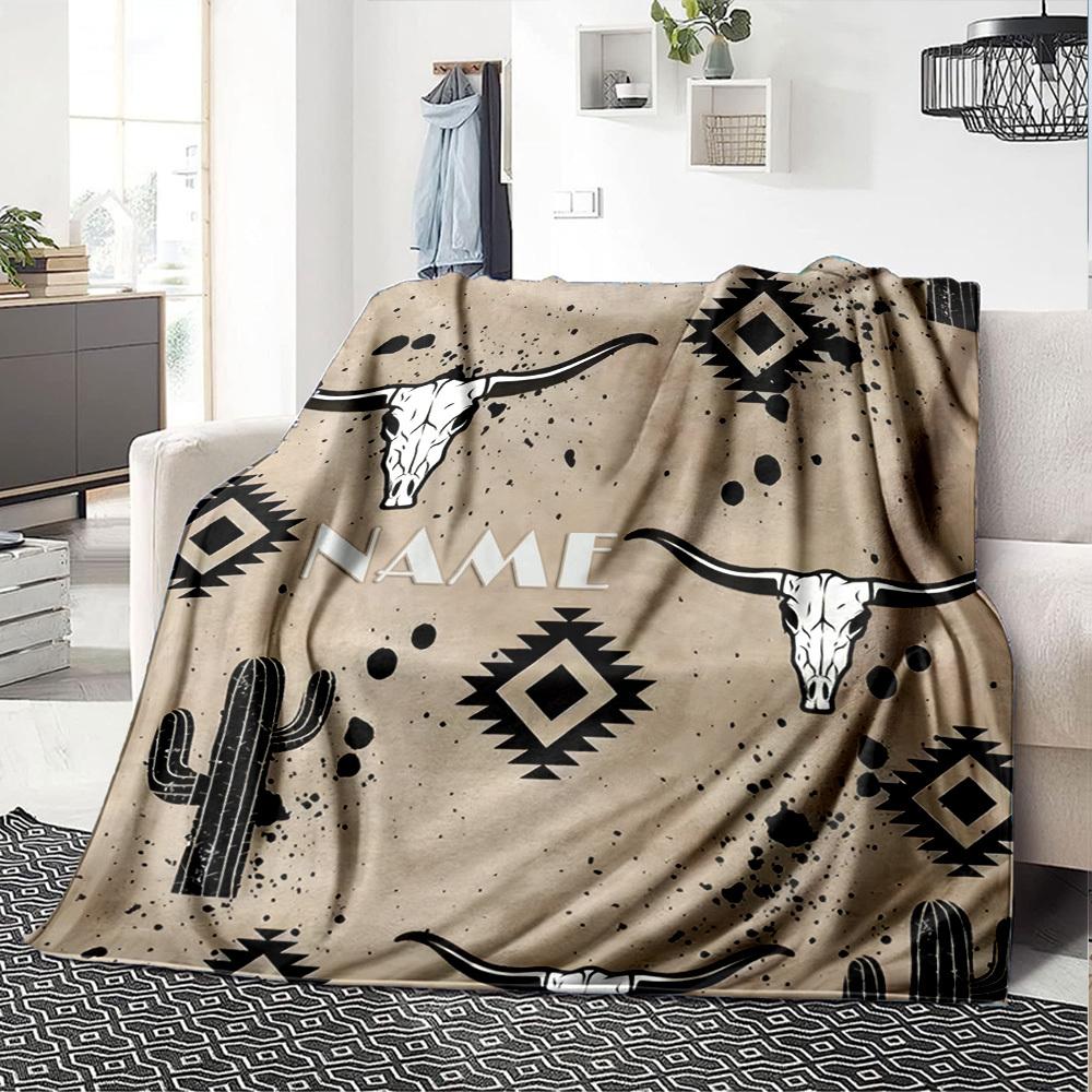 Cow Skull Cactus And Tribal Pattern With Space Lightweight Personalized Blanket Customize Your Name Durable Comfort Throw For Sofa Couch Office Bed