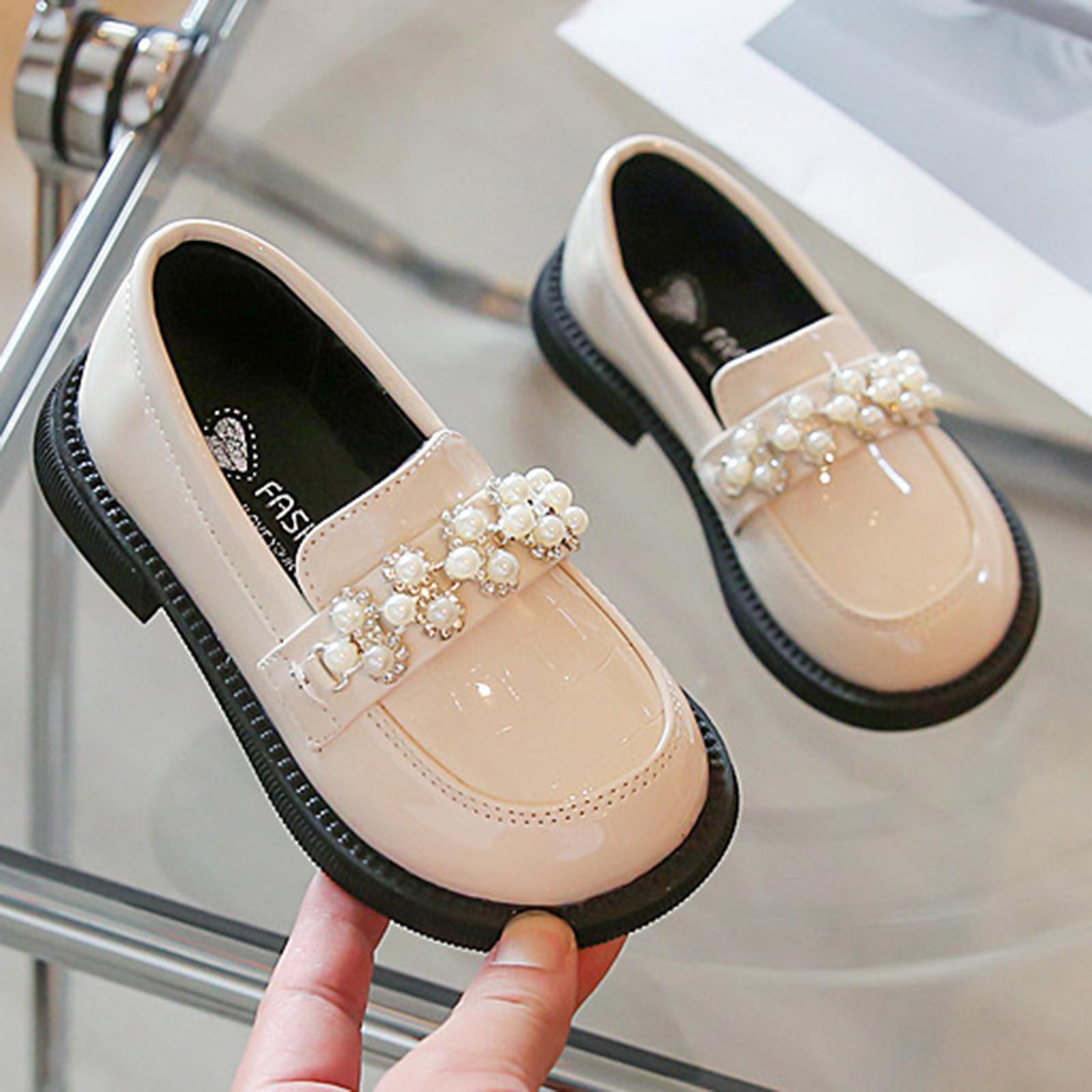 

Kids PU Leather Shoes Spring Autumn Fashion Girls Pearls Casual Princess Flats Soft Loafers School Student Children Black Beige 8-9 Years бежевий