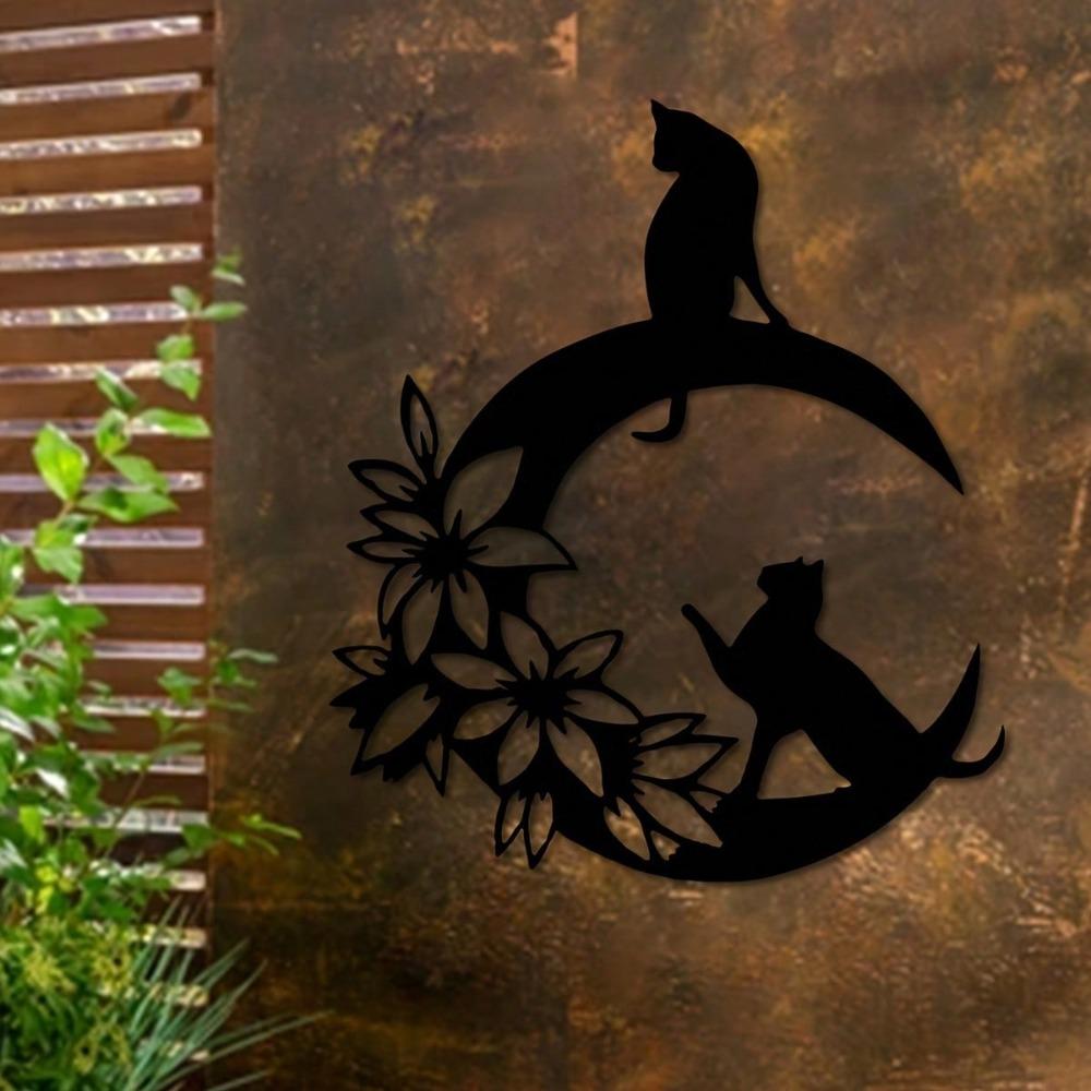 Metal Wall Art Black Cat Crescent Flower Silhouette Durable Indoor Outdoor Home Decor Gift for Cat Lovers