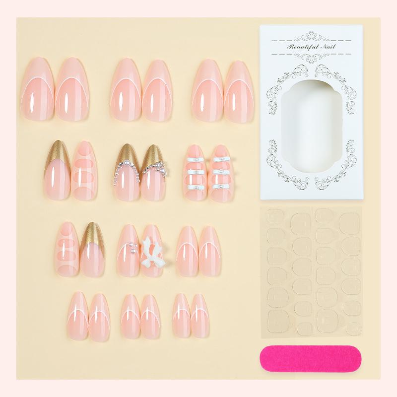 24-Piece Pink & White Hand-Painted Pearl Nail Stickers - Long Ballet Detachable False Nails
