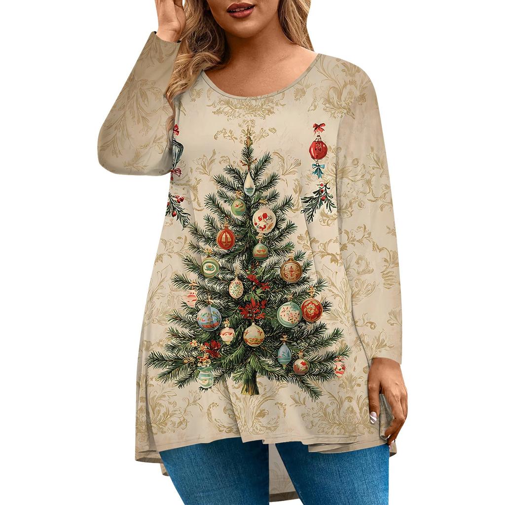 Women's Fashion Large Size Round Neck Long Sleeve Casual Christmas Print Loose Pullover Top