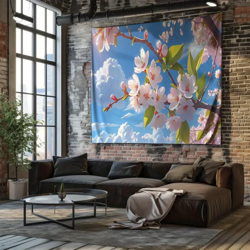 Cherry Blossom Blooming Spring Scenery Tapestry  Romantic Sakura Wall Decor and Home Decoration Fabric Hanging Art