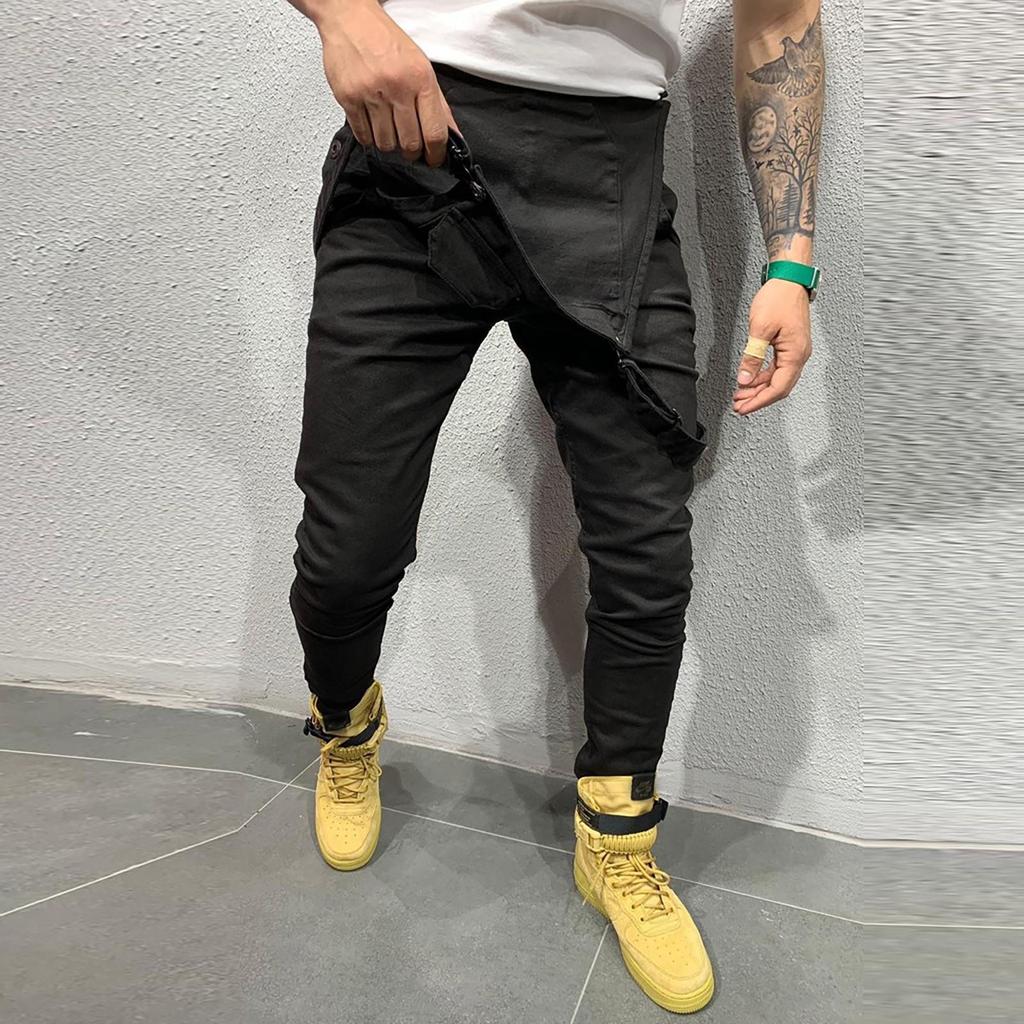 Erkek Moda Denim Askıları Yıkanmış Genel Tulum Sokak Şıklığı Cep Jartiyer Pantolon
