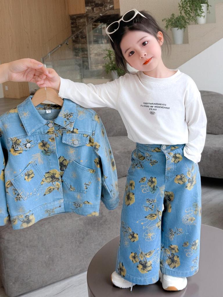 2025 Autumn Girls' Floral Denim Two-Piece Set – Trendy Wide-Leg Pants and Jacket