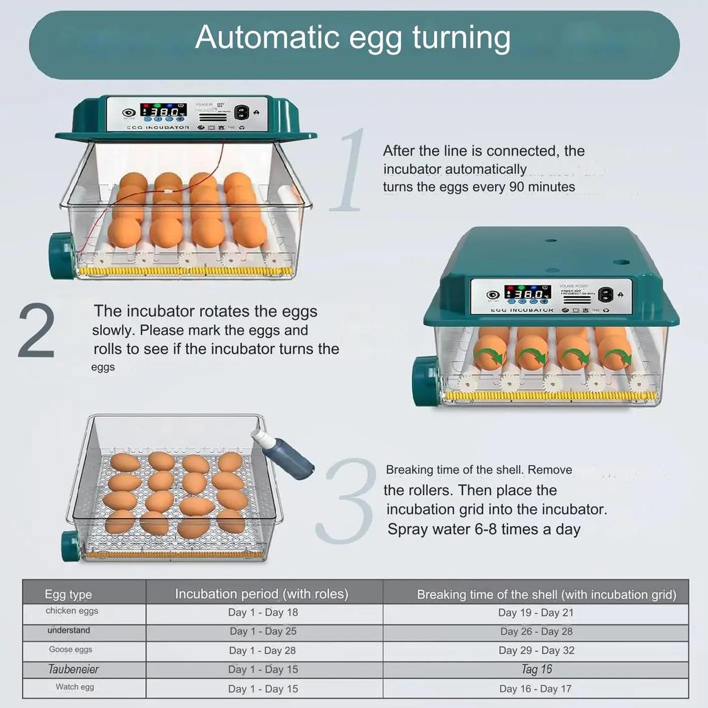 16 Eier Inkubatoren für Huhn Ente Gans Taube Wachtel Automatische Brutausrüstung Automatischer Wasserspender Eierwender EU-Stecker