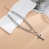 Punk Hip Hop Black Zircon Cross Pendant Double Layered Necklace for Women Men Trendy Metal Long Necklaces Gothic Neck Jewelry
