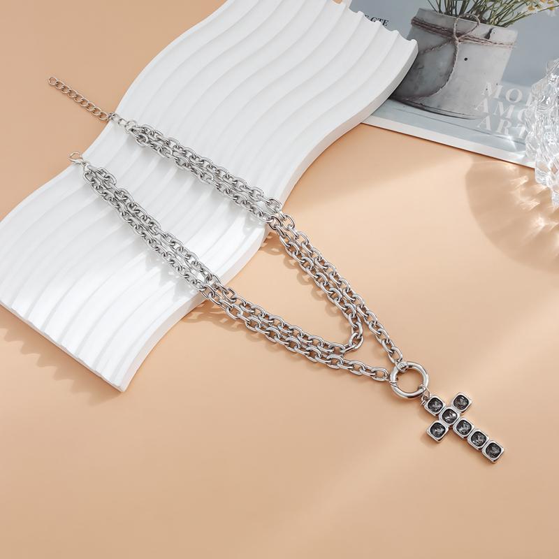 Punk Hip Hop Black Zircon Cross Pendant Double Layered Necklace for Women Men Trendy Metal Long Necklaces Gothic Neck Jewelry