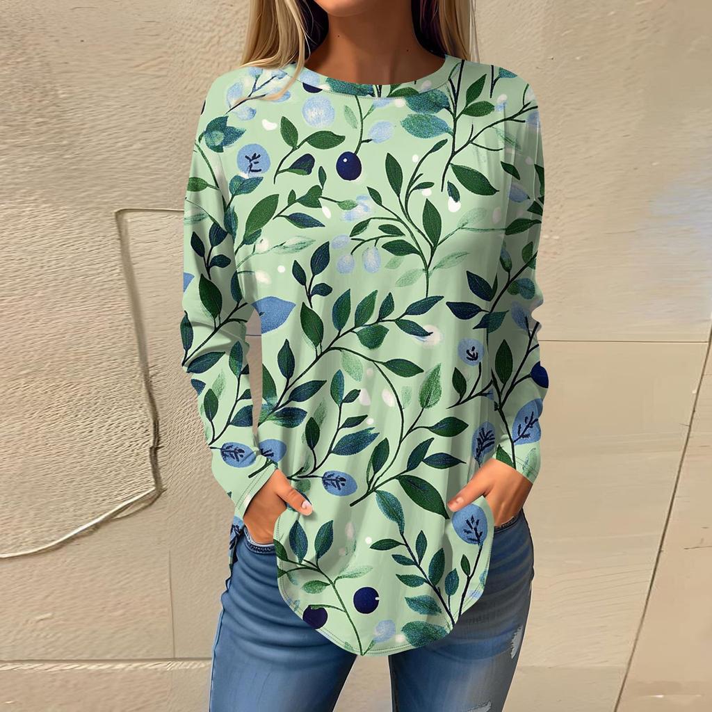 Women's Fashion Casual Round Neck Floral Long Sleeve T-shirt Pullover Long Sleeve Top