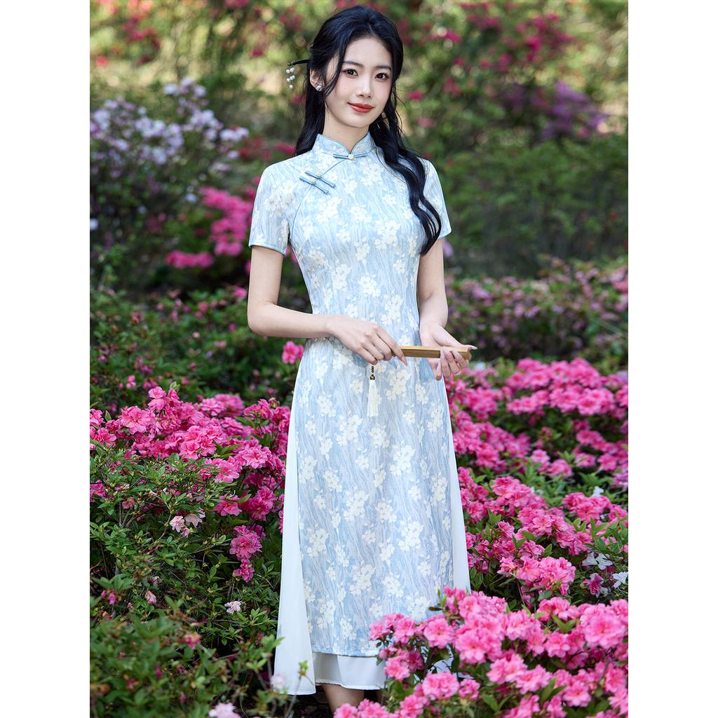 1011 new summer single-layer new Chinese style small and fresh long short-sleeved waist slim-fitting fashion cheongsam skirt