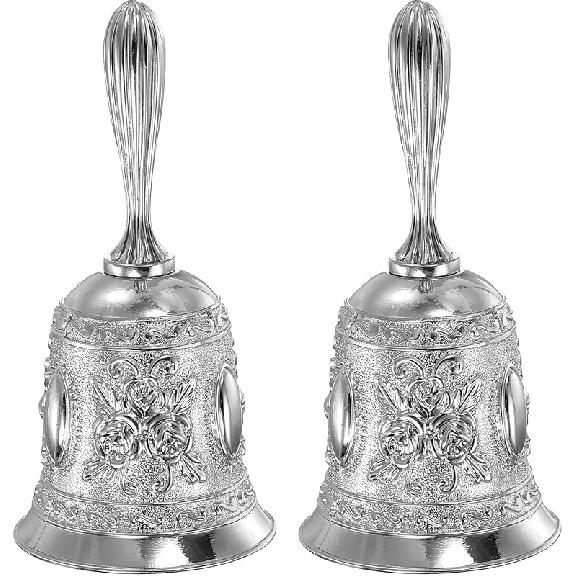 

PATIKIL Ручной колокольчик, 2 шт. Обеденный колокольчик Колокольчик для вызова Винтажный резной металлический для сервировки обеда Церковь Свадьба Рождество, Серебристый серебряный