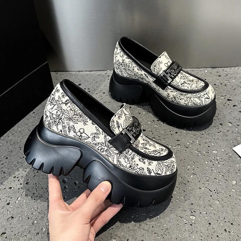 Fashion 2024 New Denim Print Cloth Synthetic Leather Platform Wedge Chunky Sneaker Comfy High Brand Spring Fashion Autumn Casual Shoes