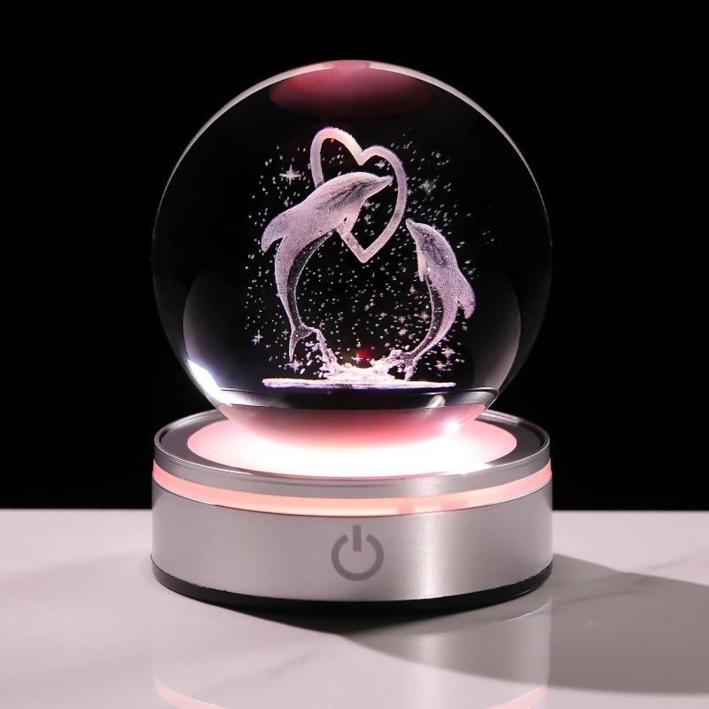 Glob de cristal cu delfin și inimă gravat cu laser 3D, lumină de noapte romantică cu LED, figurine animale marine, decor, lampă sferă de sticlă, cadouri