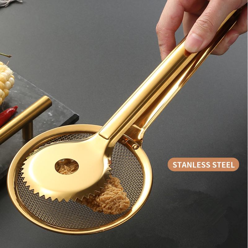 Stainless Steel Golden Mesh Food Tong Frying Oil Strainer Steak BBQ Clip Filter Spoon Colander Kitchen Utensils