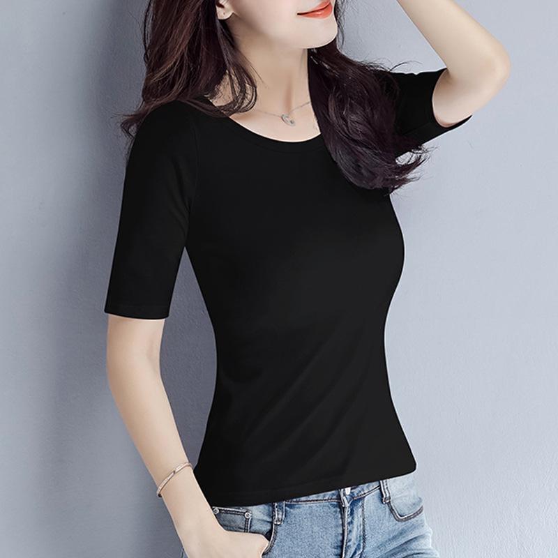 Women's Slimming Fitted T-Shirt: Round, V-Neck, or Mock Neck; Short or Three-Quarter Sleeves; Semi-High Neck Basic Top.
