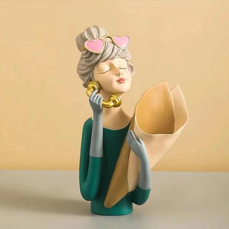 Nordic Call Phone Hold Flower Tube Girl Resin Decoration Items Home Room Desk Statue Accessories Coffee Table Sculpture Crafts
