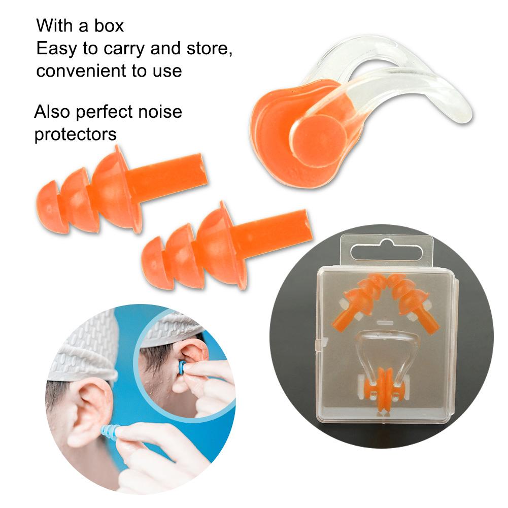 4 Stück Wasserdichte Weiche Silikon Schwimm-Ohrstöpsel Ohrenschützer Nasenklammern Klemmen Set Werkzeuge(Orange)