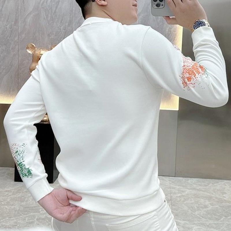 Men Spring Autumn Korean Fashion Print Slim All Match Sweatshirt Male Casual White Round Neck Long Sleeve Pullover Tops