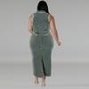 Plus Size Womens Denim Sleeveless Long Skirt Set With Fringe Zipper Split Detail Outfit