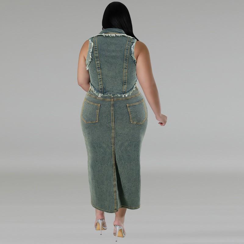 Plus Size Womens Denim Sleeveless Long Skirt Set With Fringe Zipper Split Detail Outfit
