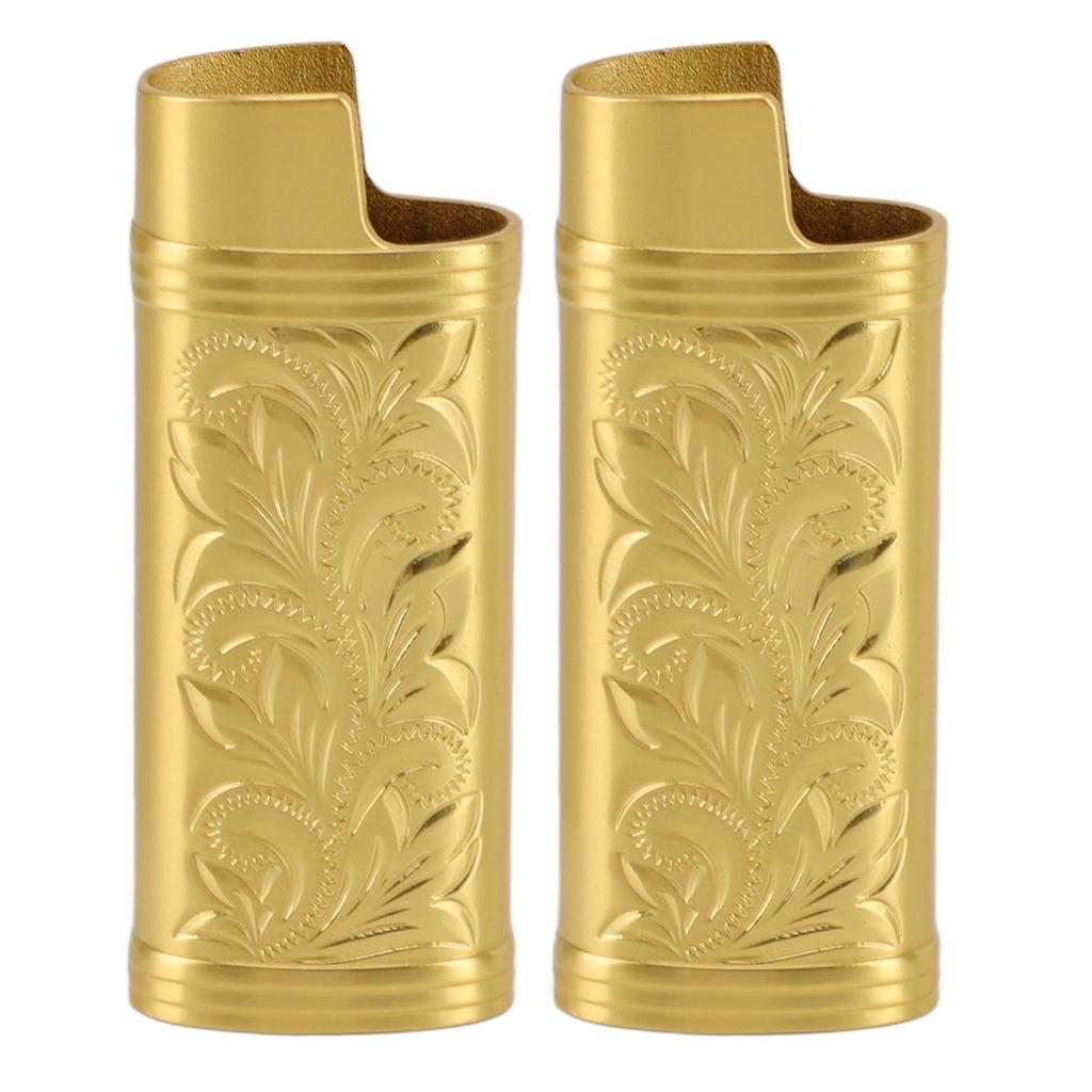 2pcs Retro Lighter Case Compact 3D Floral Stamped Engraving Zinc Alloy Protective Case Cover Gold