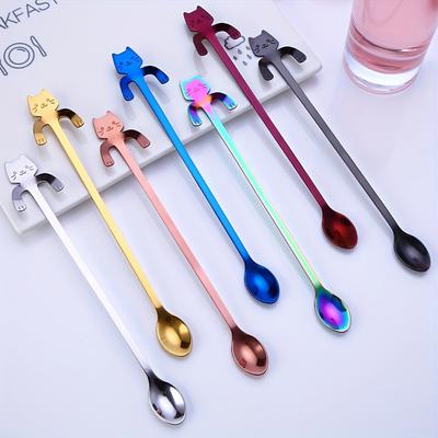 2pcs Whimsical Cat Handle Stainless Steel Spoons Set - Iced Tea Spoons with Long Handle, Hanging Design, and Flatware
