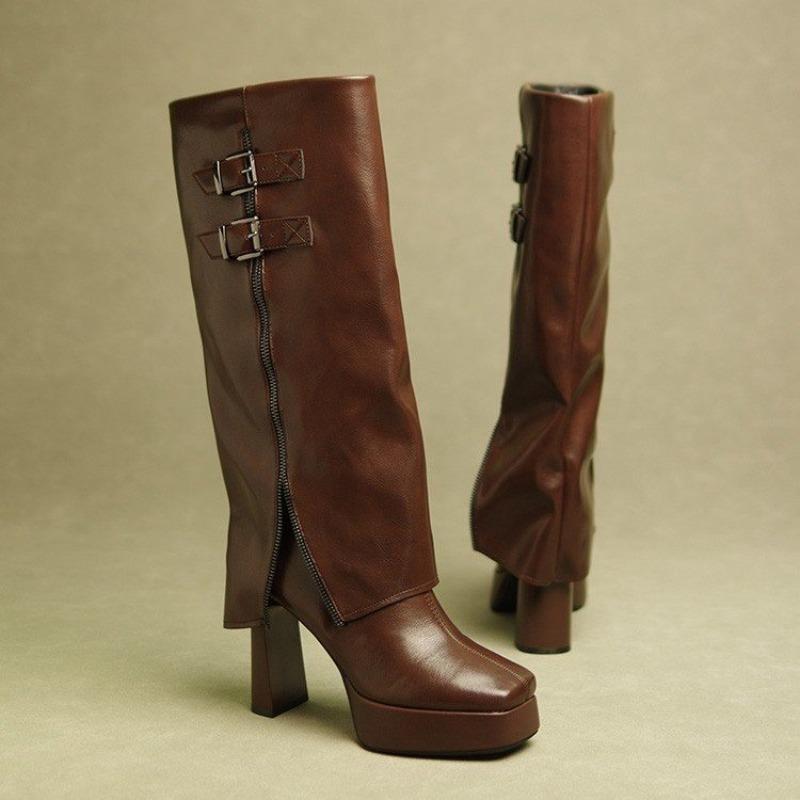 Winter Platform Thick Heel Woman Knight High Boots Fashion Belt Buckle Slip On Shoes Ladies Punk Style Modern Long Botas