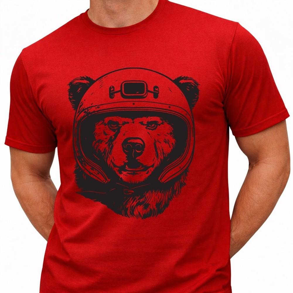 Bear T Shirt Biker Helmet Graphic Tee Motorcycle Rider Animal Illustration Shirt 4XL