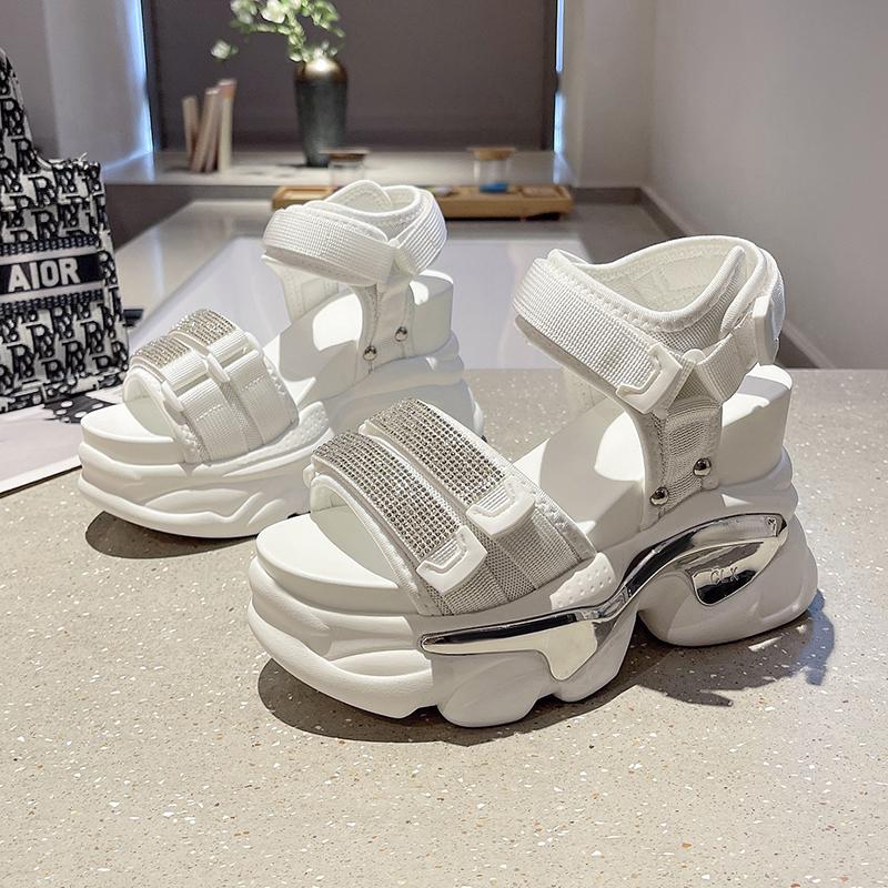 Fashion 10CM High Heels Ladies Crystal Beach Slippers Chunky Shoes Sandalias Mujer Platform Bling Sandals Women Summer Breathable Wedges