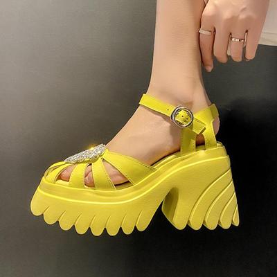 Cow Leather Round Toe Thick High Heels Spring Shoes Buckle Straps Casual Crystal Heart Decorations Women Sandals