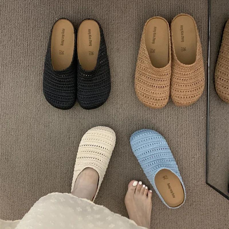 Fashion Women Bohemian Weave Mules Slippers Flats Shoes Hollow Sandals Summer Fashion Beach Shoes Casual Comfort Sandalias Mujer Slides