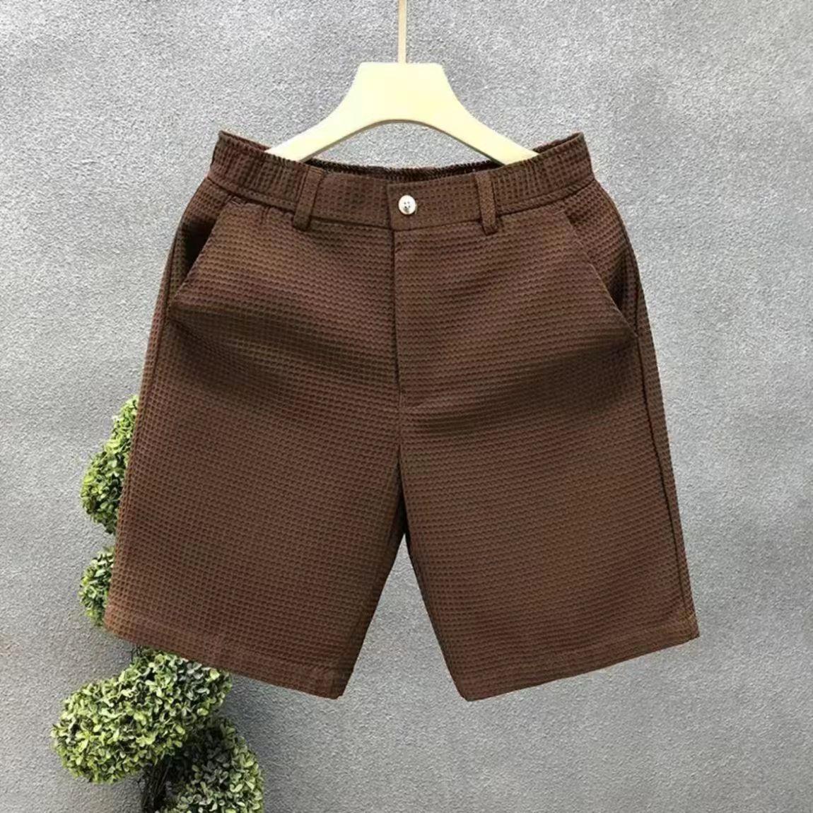 

Summer Men s Shorts Plaid Texture Solid Straight-leg Business Social Elastic Waist Button Short Pants Loose Knee Length Casual Short 27 хаки