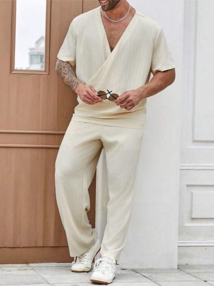 

Men s High Luxury Style V-neck Textured Solid Color Short Sleeved Pants Casual Set M белый
